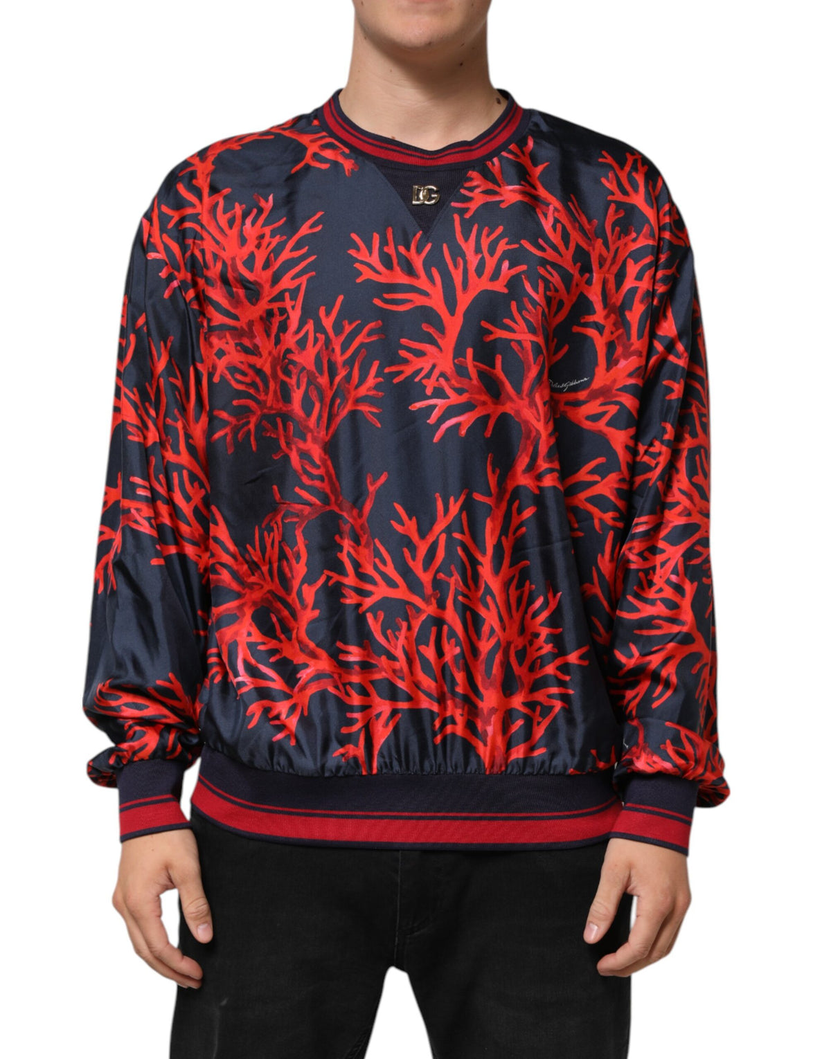 Pull en soie Dolce &amp; Gabbana, bleu marine, imprimé corail rouge.