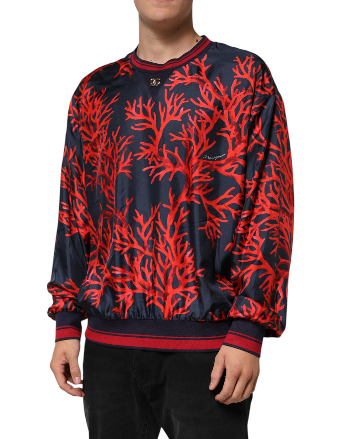 Pull en soie Dolce &amp; Gabbana, bleu marine, imprimé corail rouge.