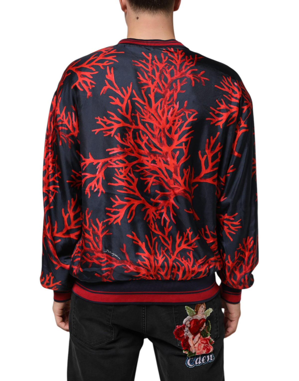 Pull en soie Dolce &amp; Gabbana, bleu marine, imprimé corail rouge.