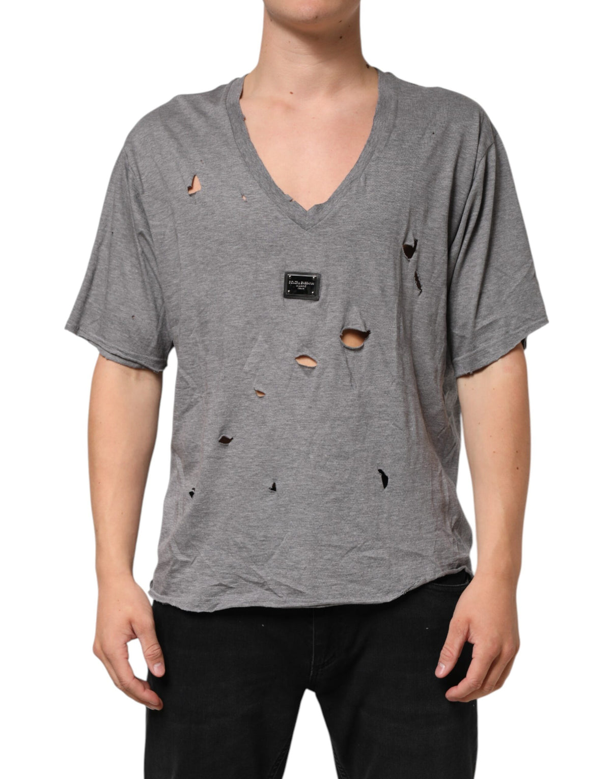 T-shirt homme en coton gris Dolce &amp; Gabbana avec patch logo délavé.