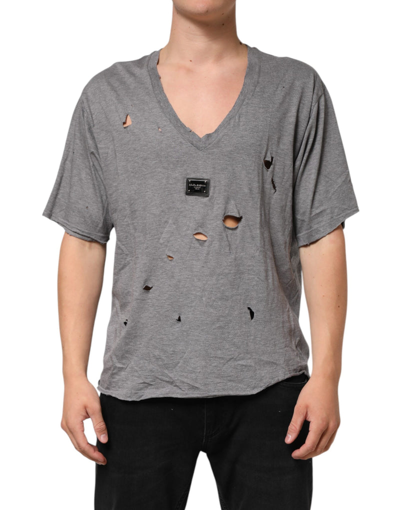 Dolce &amp; Gabbana grijs katoenen T-shirt met versleten logo patch voor heren