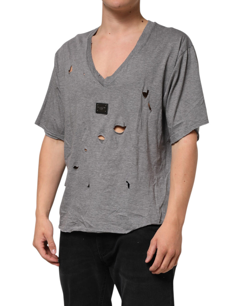 Dolce &amp; Gabbana grijs katoenen T-shirt met versleten logo patch voor heren