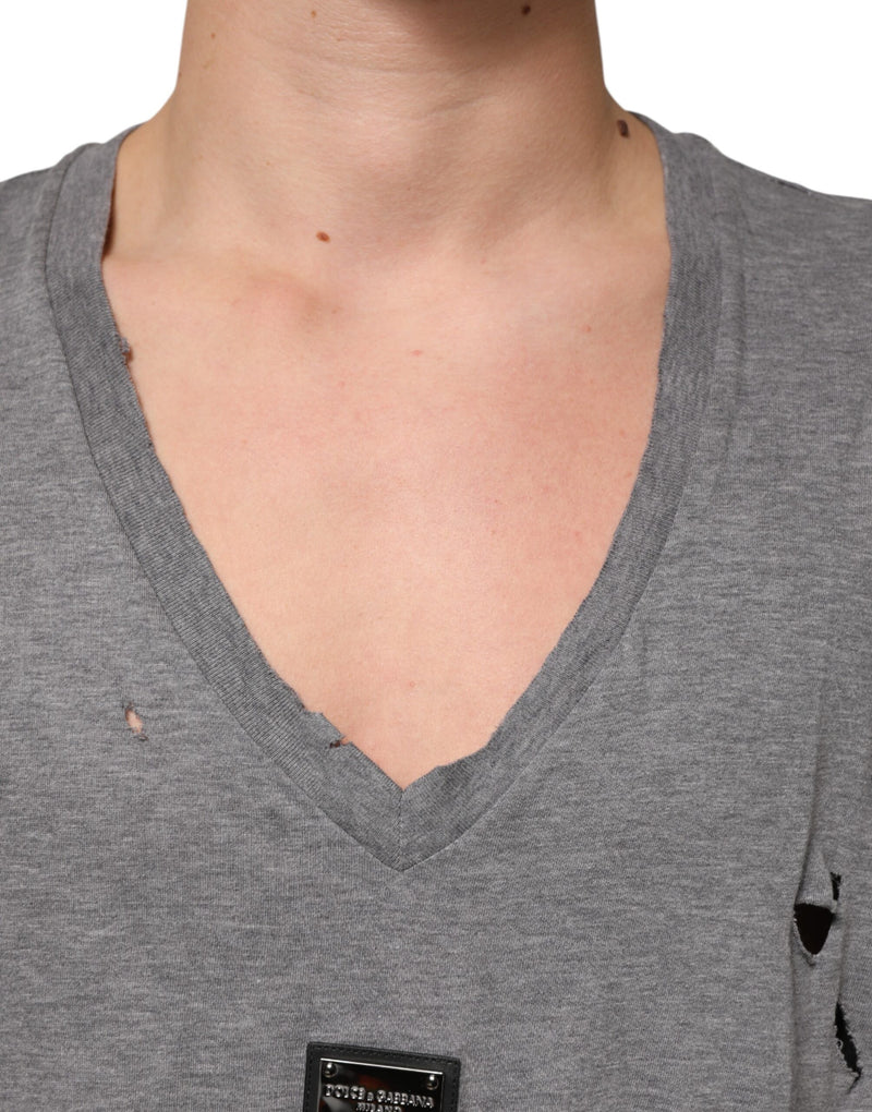 Dolce &amp; Gabbana grijs katoenen T-shirt met versleten logo patch voor heren