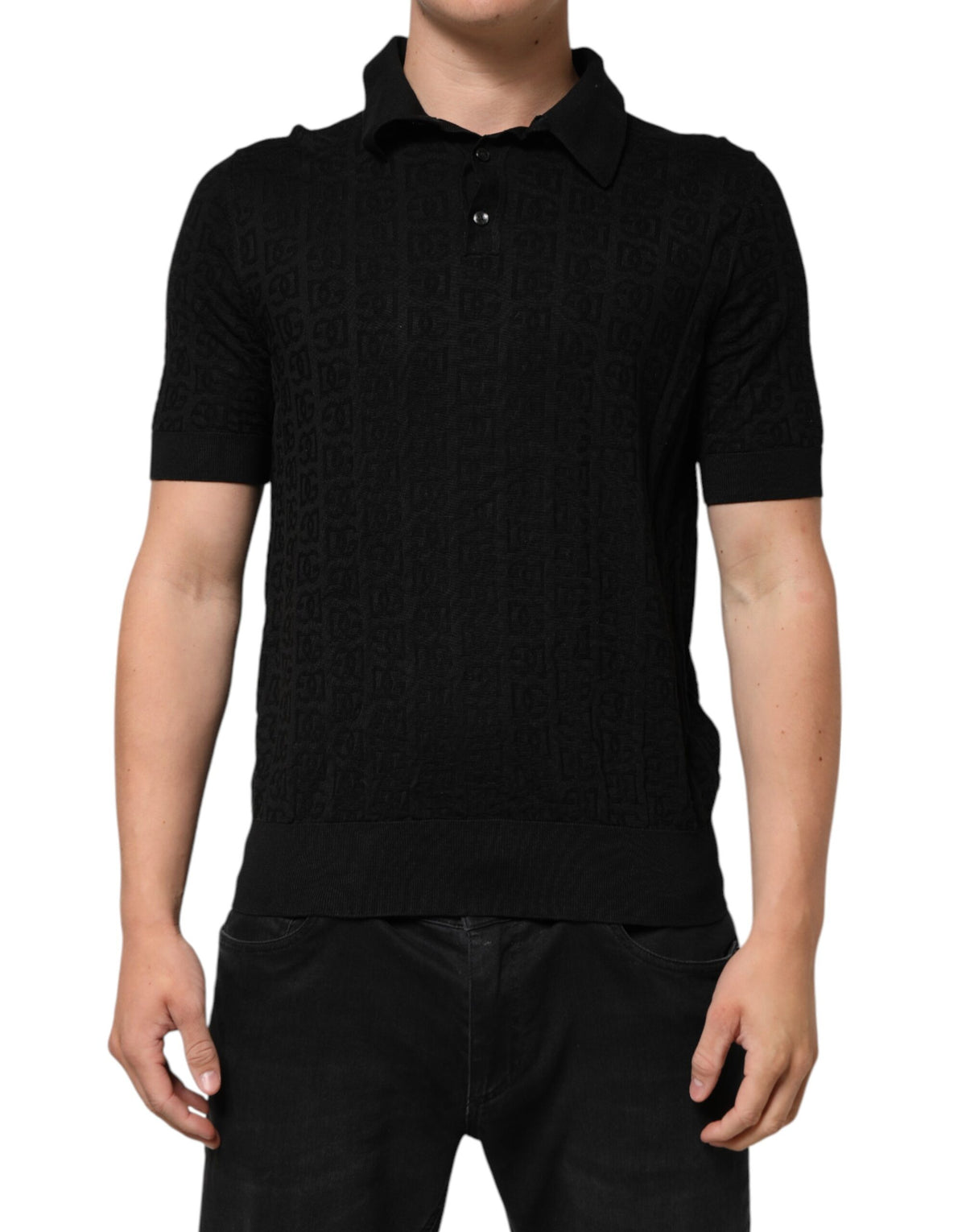 T-shirt polo en jacquard de soie noire DG de Dolce &amp; Gabbana