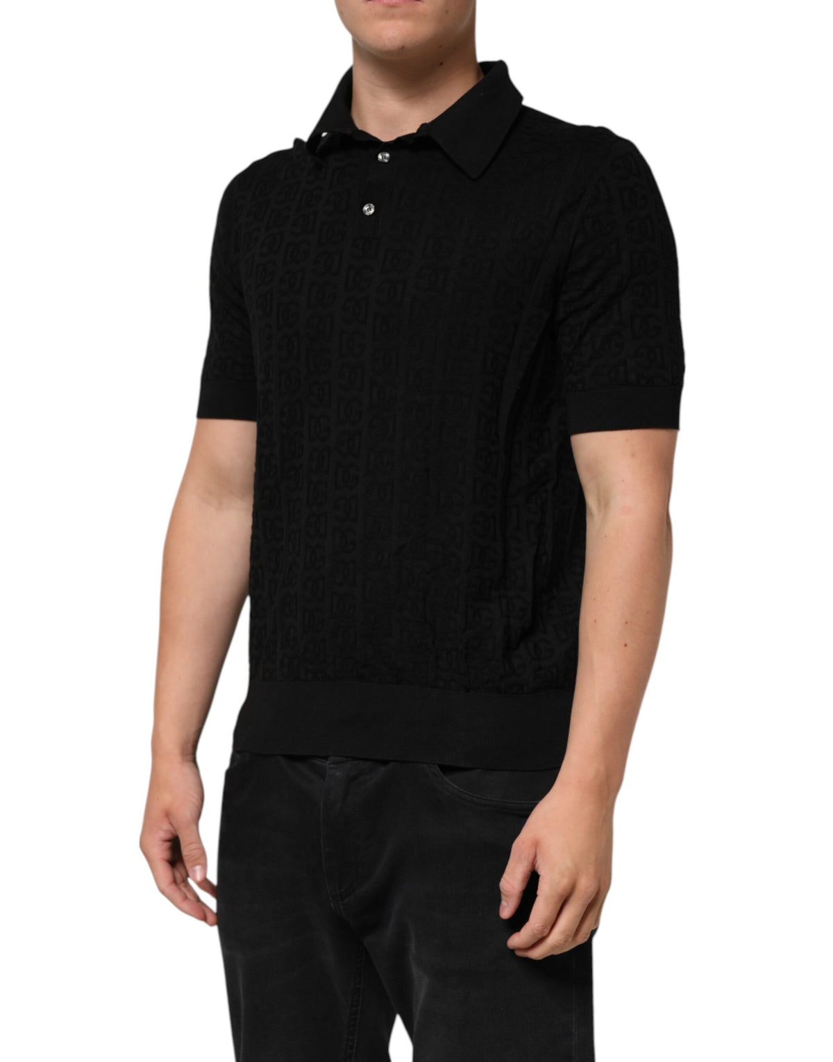 T-shirt polo en jacquard de soie noire DG de Dolce &amp; Gabbana