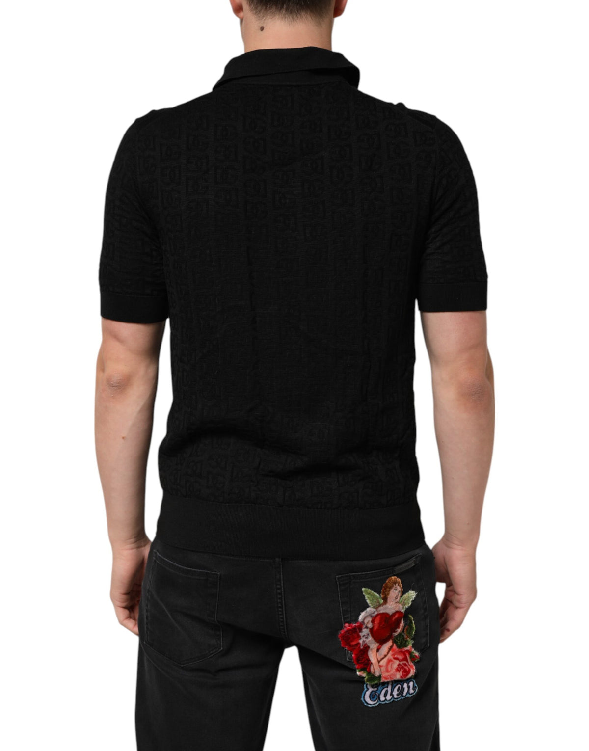 T-shirt polo en jacquard de soie noire DG de Dolce &amp; Gabbana