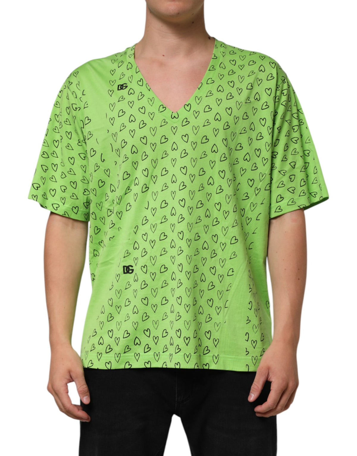 T-shirt Dolce &amp; Gabbana vert à col en V avec imprimé cœur et logo DG.