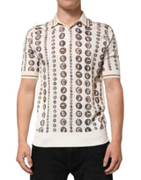 Polo en soie pour homme Dolce &amp; Gabbana, imprimé logo en forme de pièce de monnaie, couleur ivoire.