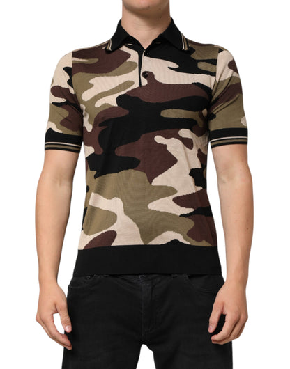 Dolce & Gabbana Camouflage Brown Silk MilitaryPolo T-shirt