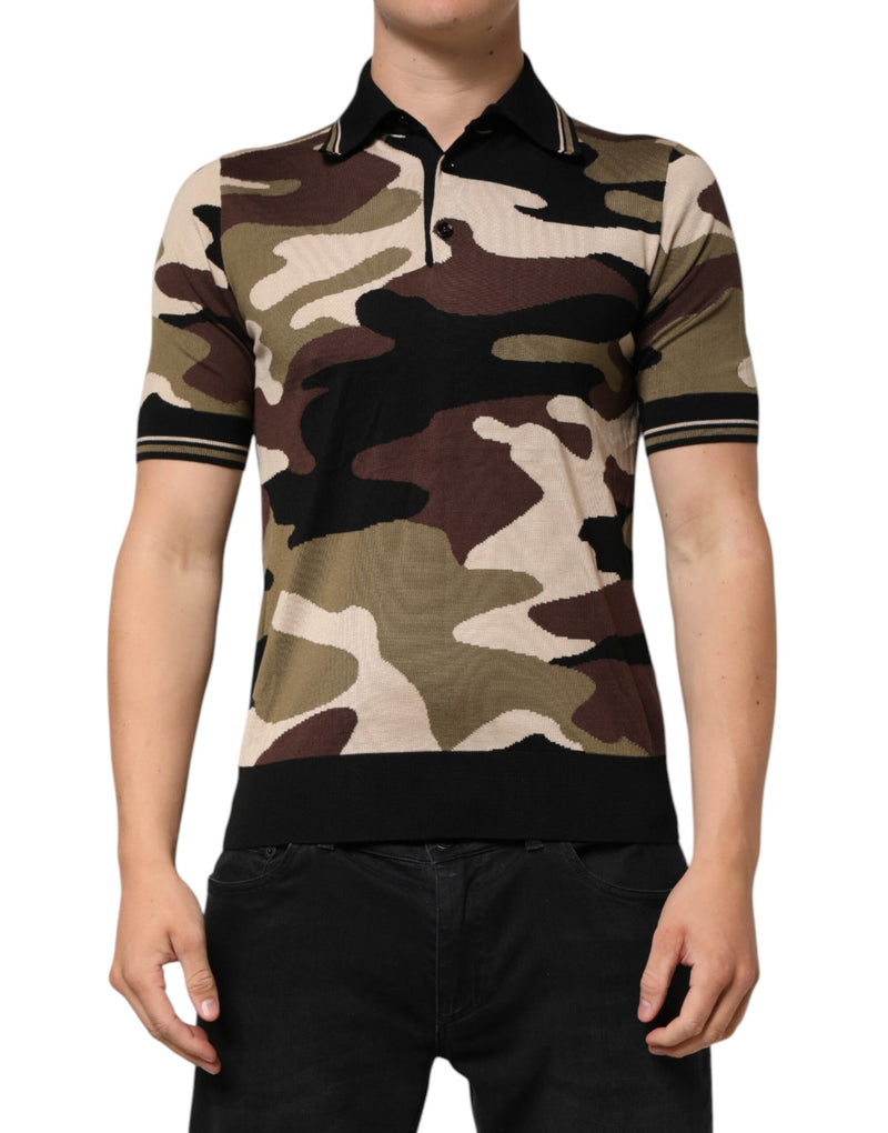 Dolce &amp; Gabbana camouflagekleurig bruin zijden militair polo-T-shirt