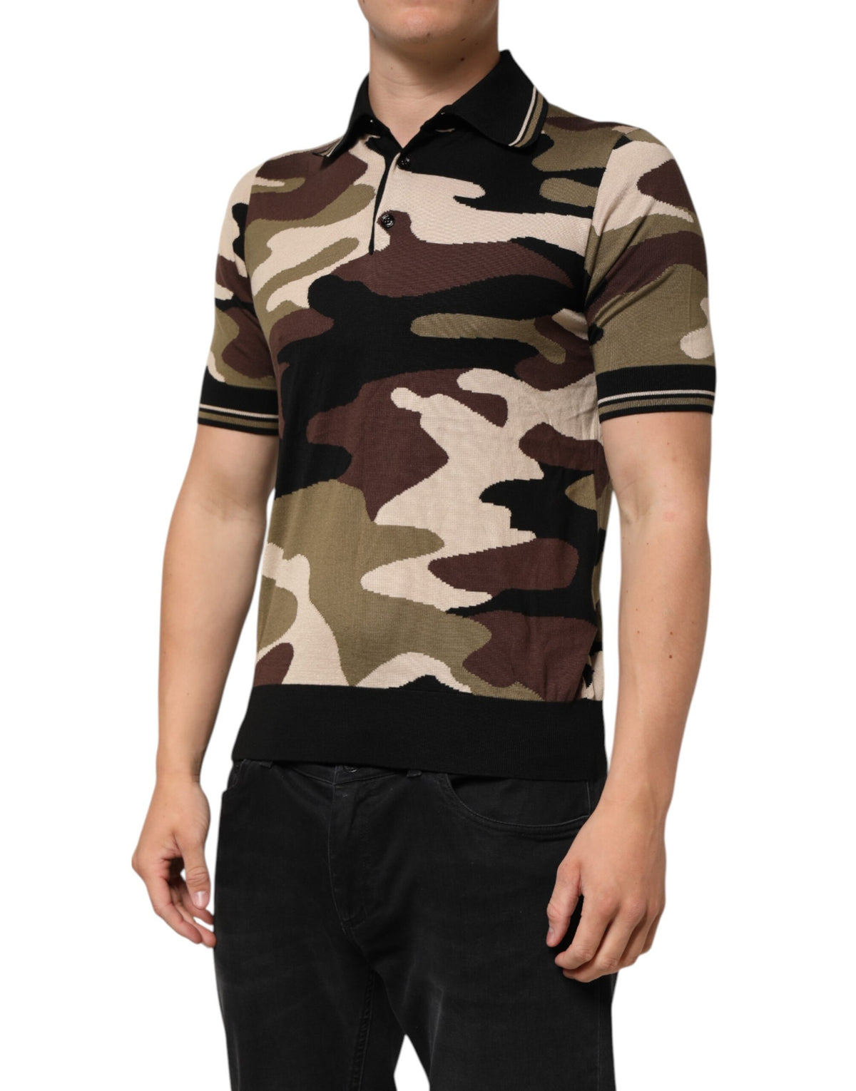T-shirt polo en soie brun camouflage à motif militaire de Dolce &amp; Gabbana