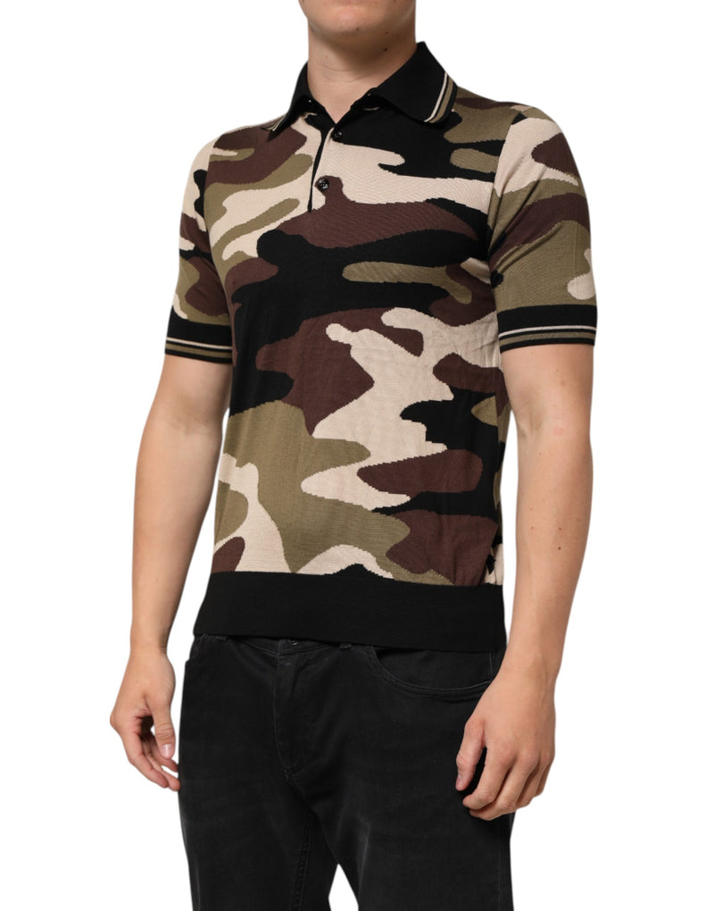 Dolce &amp; Gabbana camouflagekleurig bruin zijden militair polo-T-shirt