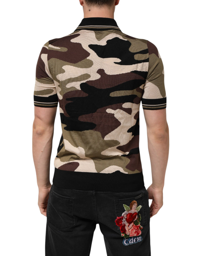 Dolce &amp; Gabbana camouflagekleurig bruin zijden militair polo-T-shirt