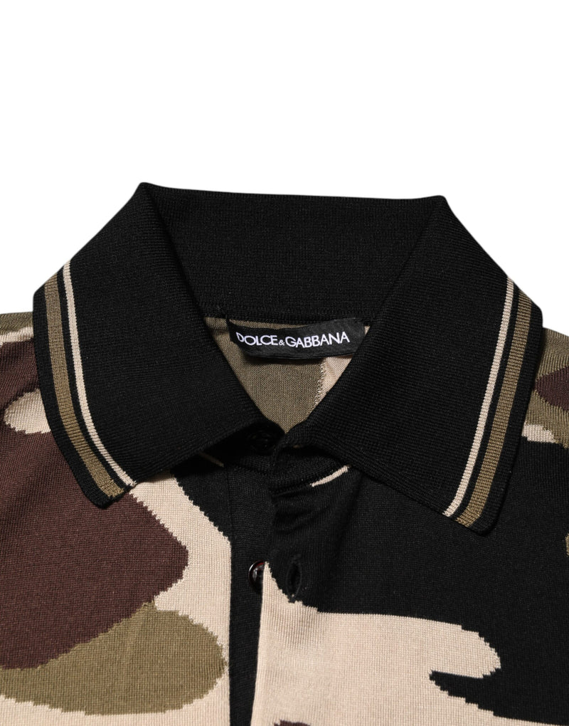 Dolce &amp; Gabbana camouflagekleurig bruin zijden militair polo-T-shirt