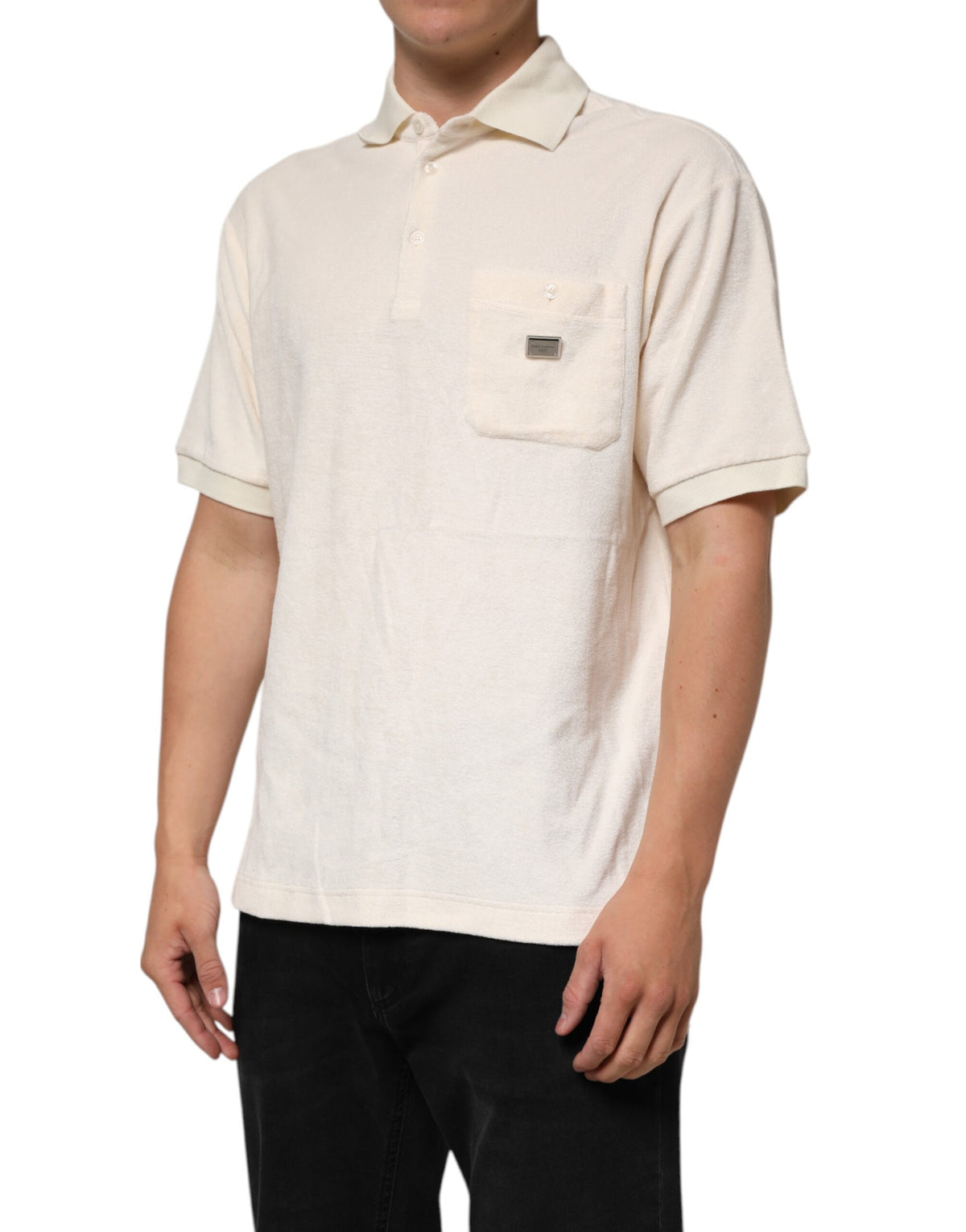 Polo en coton éponge avec logo et poche, couleur ivoire, Dolce &amp; Gabbana
