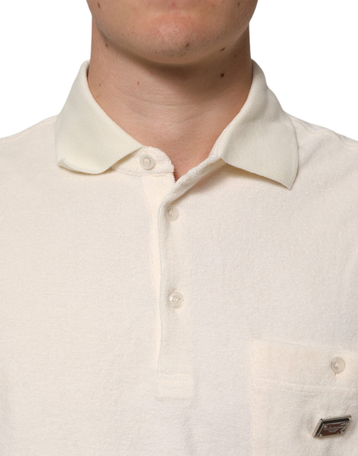 Polo en coton éponge avec logo et poche, couleur ivoire, Dolce &amp; Gabbana