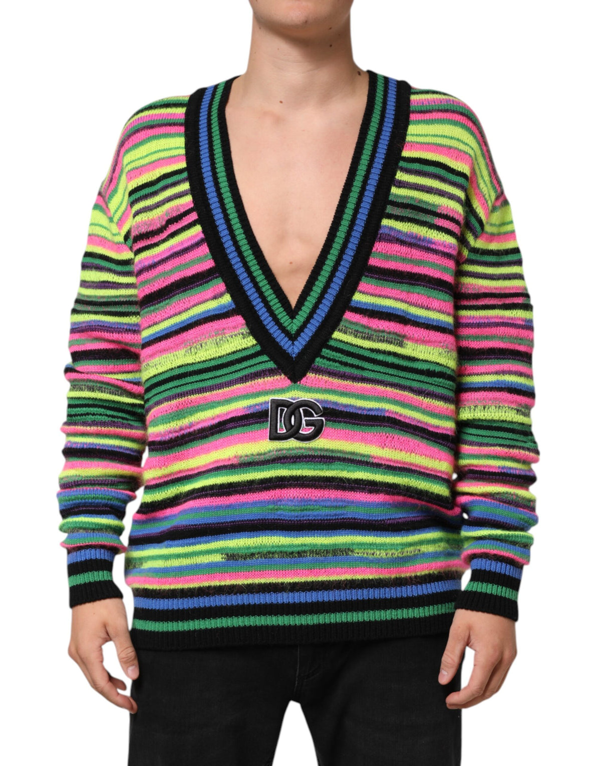 Pull en tricot à col en V avec logo DG multicolore de Dolce &amp; Gabbana
