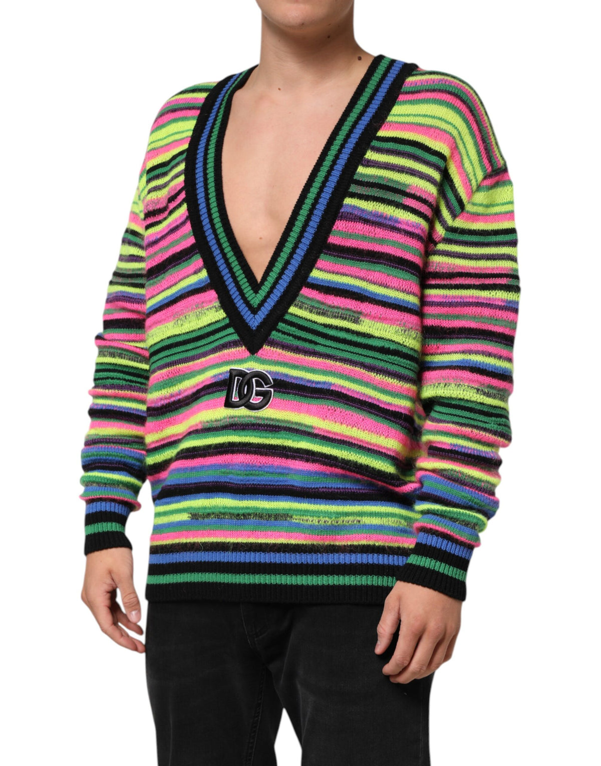 Pull en tricot à col en V avec logo DG multicolore de Dolce &amp; Gabbana