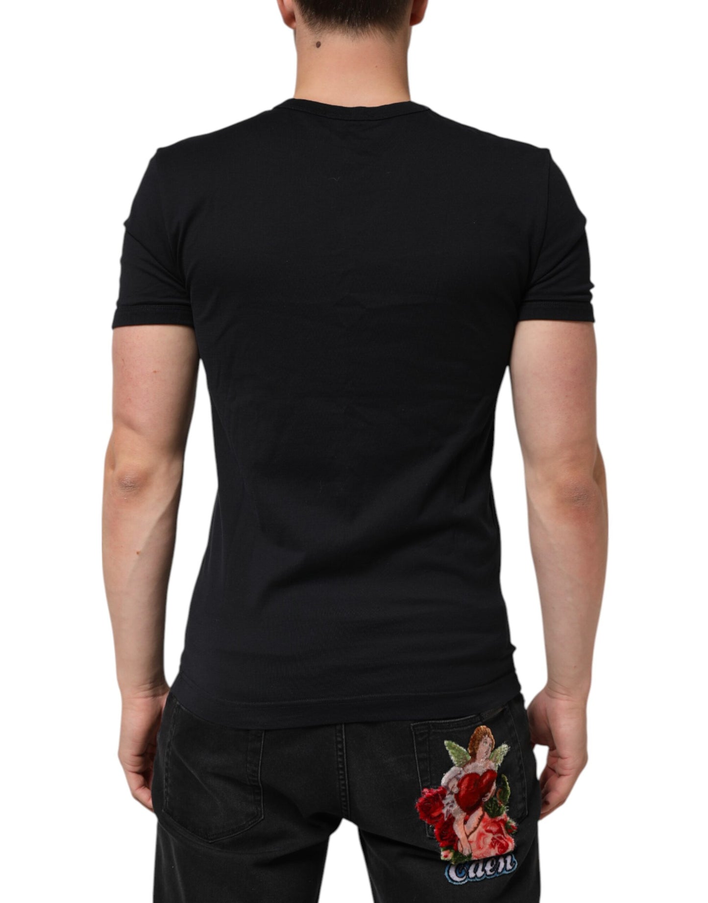 Dolce & Gabbana Black Cotton Plain V-Neck Men Shirt T-shirt