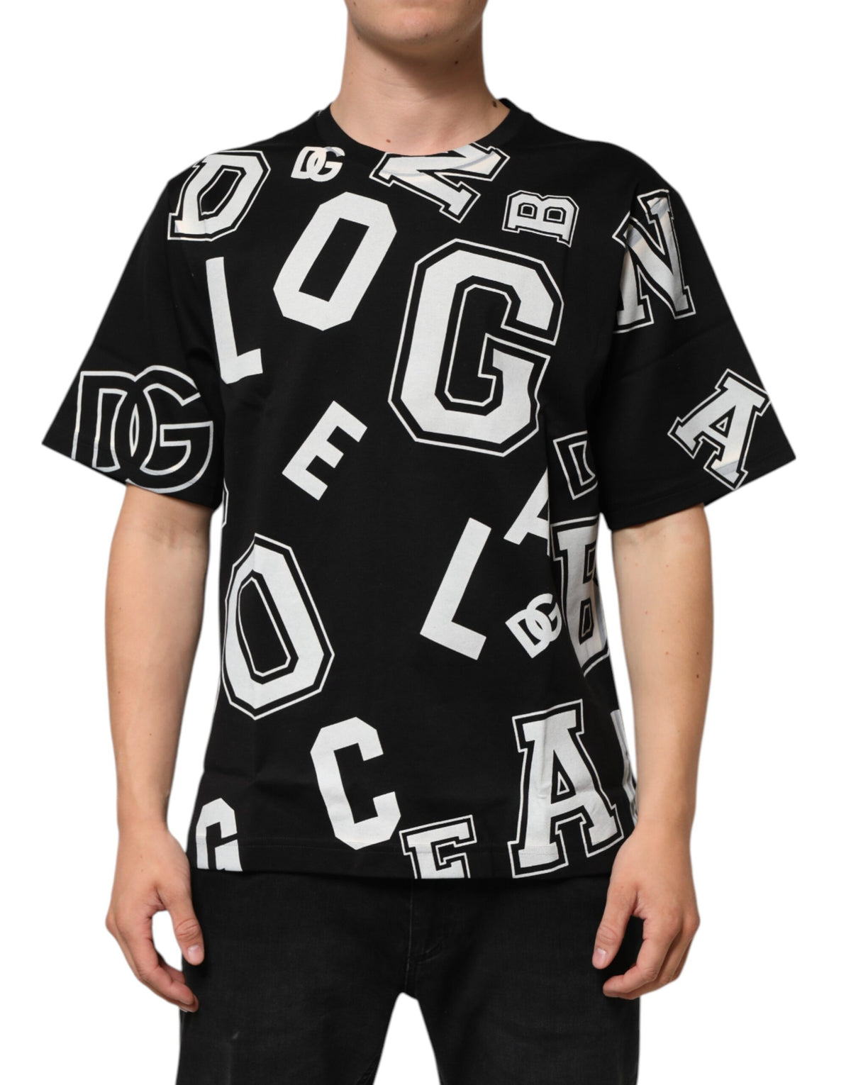 T-shirt à manches courtes en coton noir avec imprimé et inscription de Dolce &amp; Gabbana