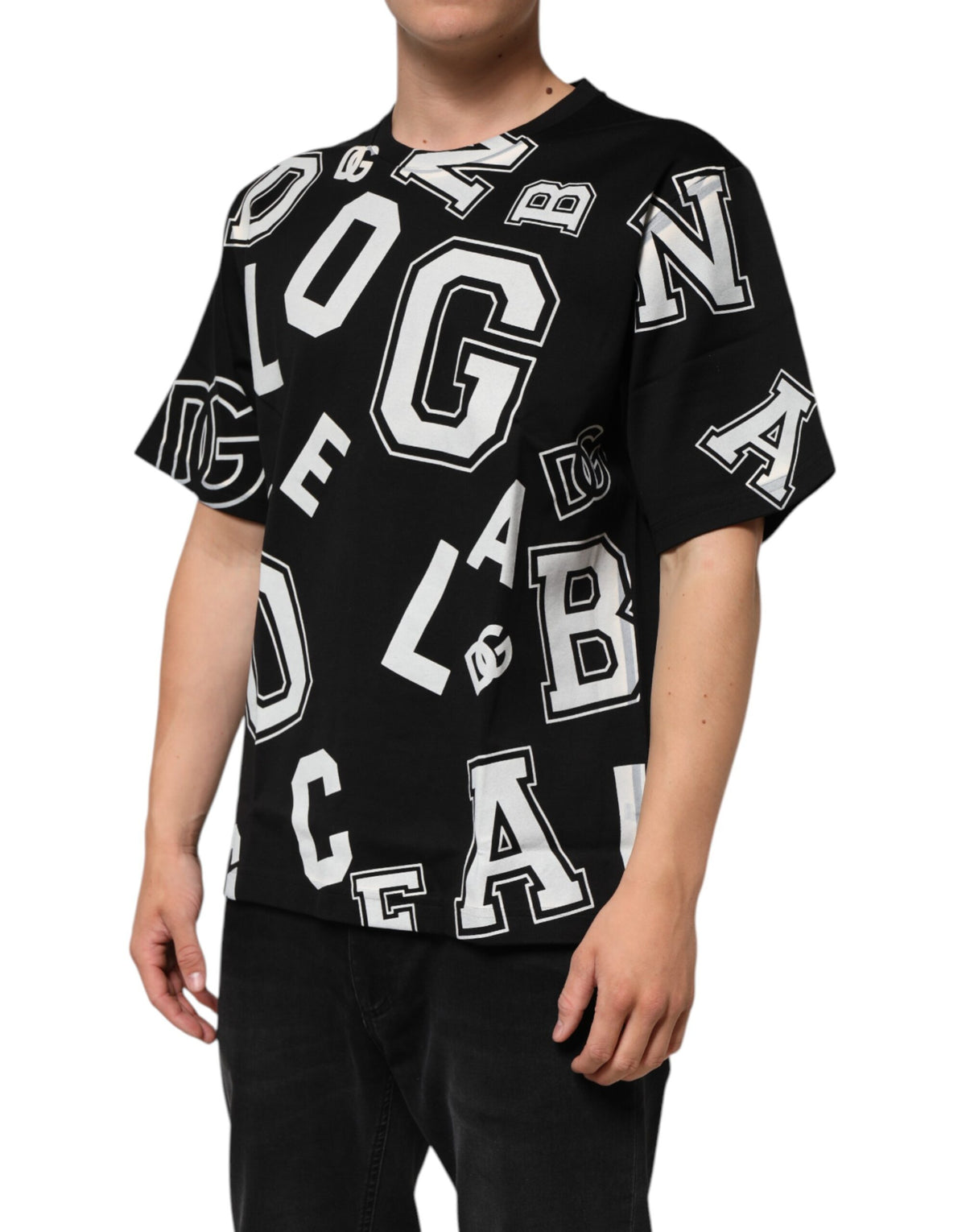 T-shirt à manches courtes en coton noir avec imprimé et inscription de Dolce &amp; Gabbana