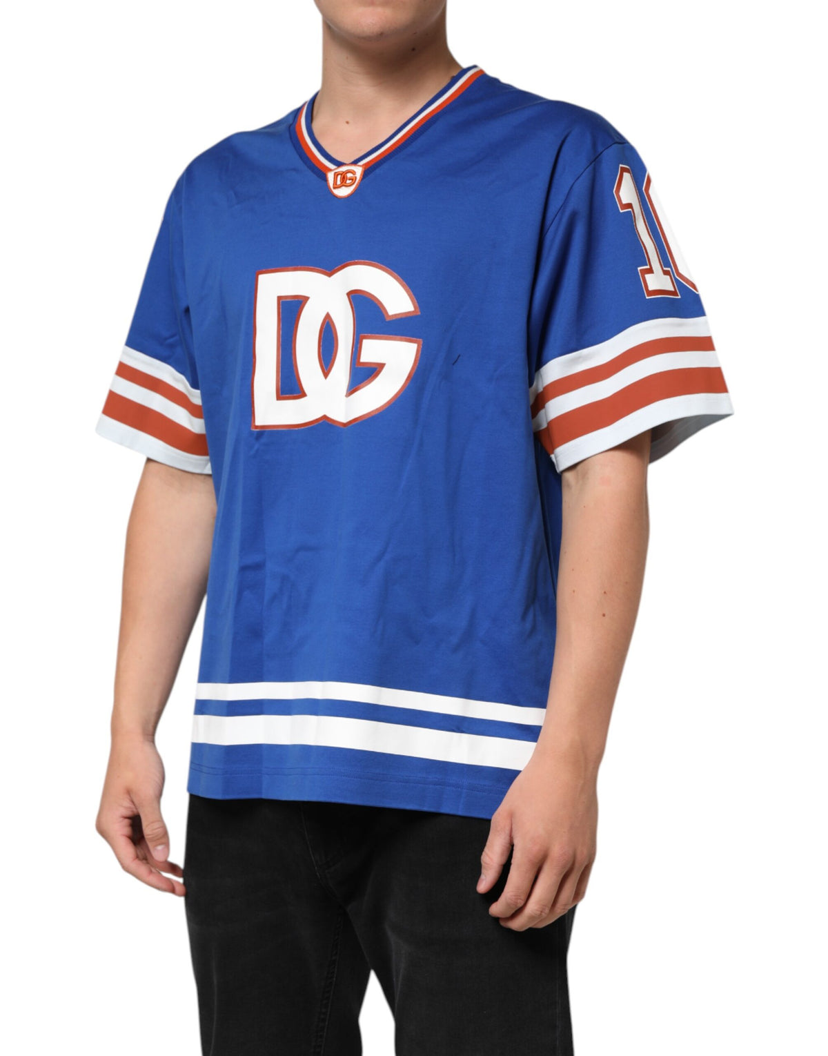 T-shirt en jersey de coton bleu avec logo DG en mesh de Dolce &amp; Gabbana