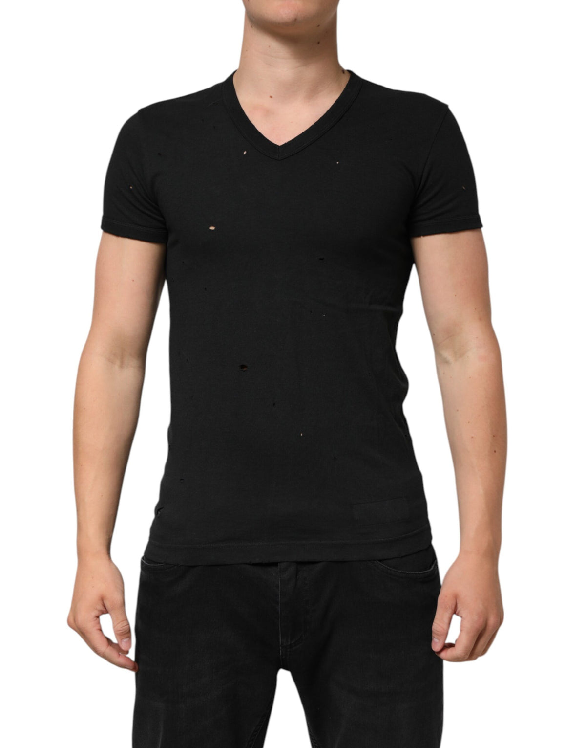 T-shirt homme Dolce &amp; Gabbana en coton noir, col en V, logo délavé.