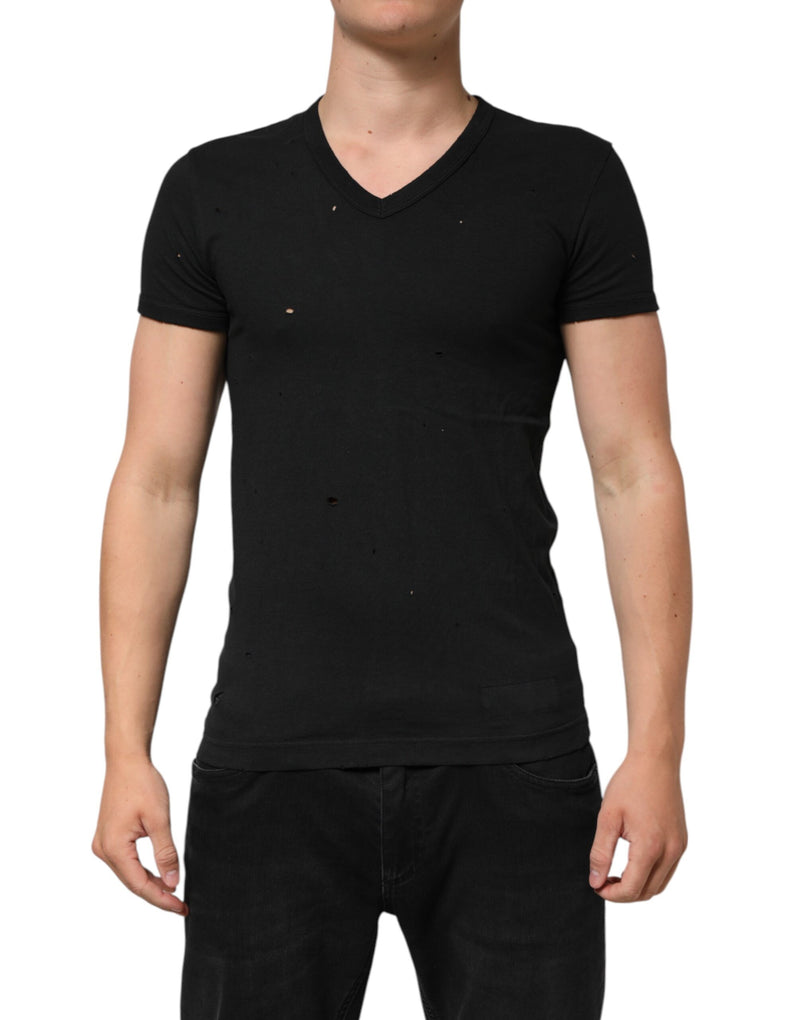 Dolce &amp; Gabbana zwart katoenen T-shirt met V-hals en versleten logo voor heren