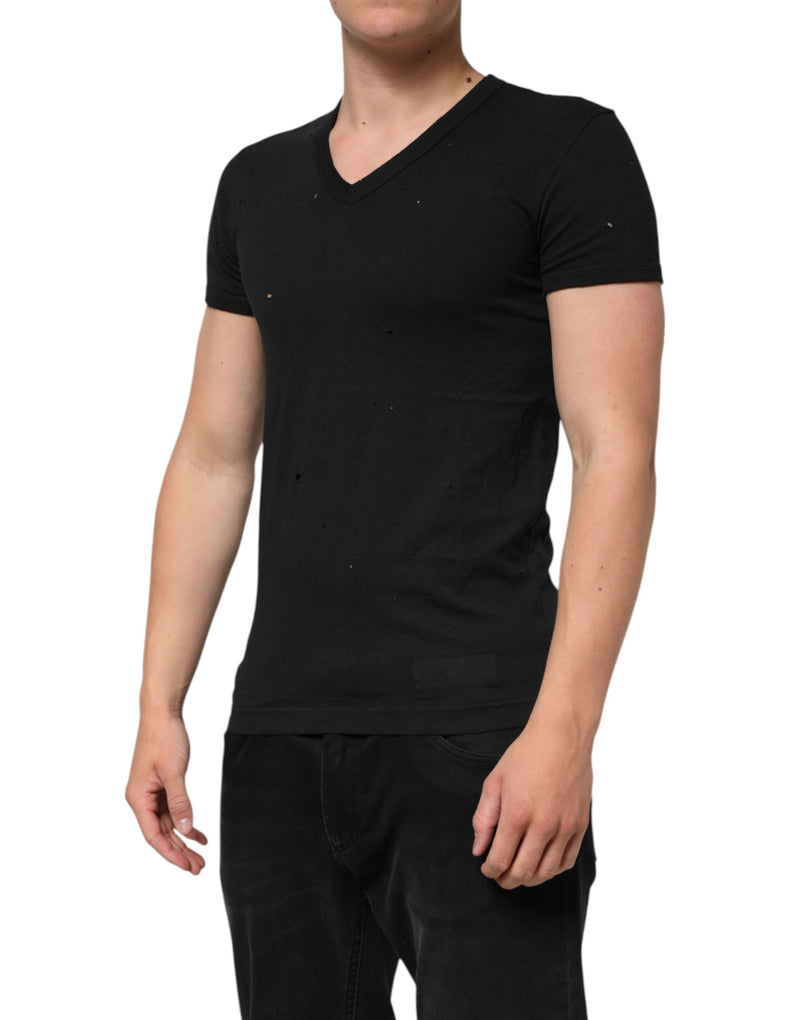 Dolce &amp; Gabbana zwart katoenen T-shirt met V-hals en versleten logo voor heren