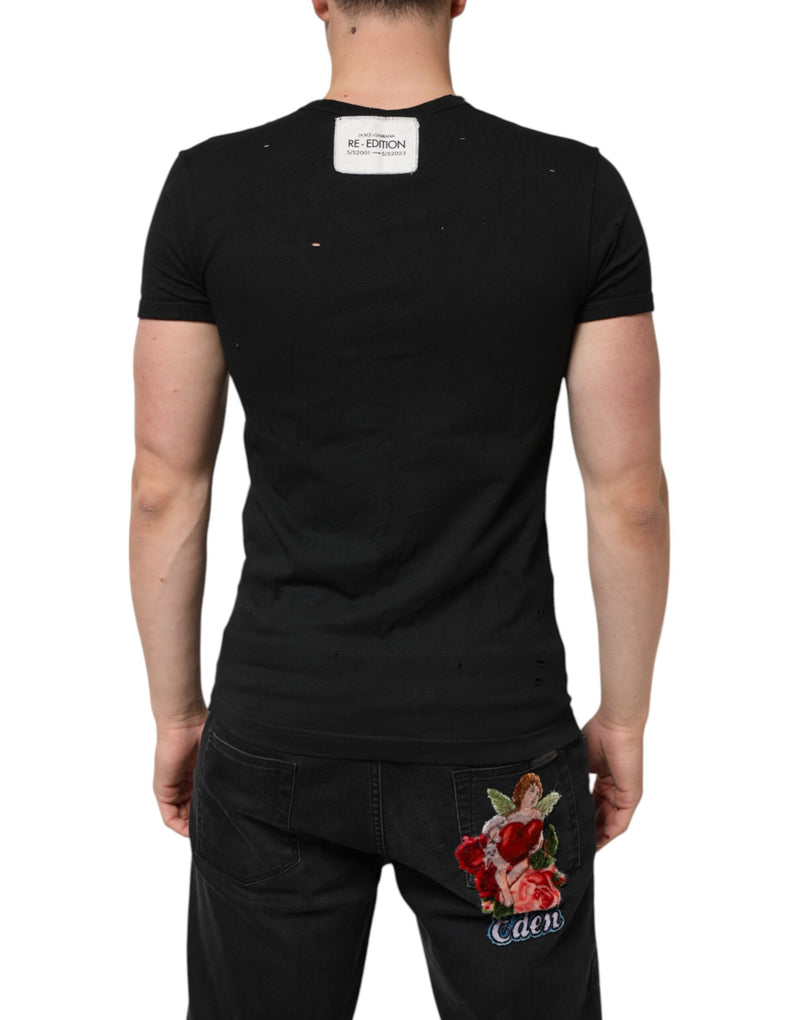 Dolce &amp; Gabbana zwart katoenen T-shirt met V-hals en versleten logo voor heren