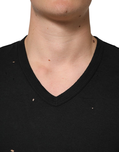 Dolce & Gabbana Black Cotton Tattered Logo V-Neck Men T-shirt