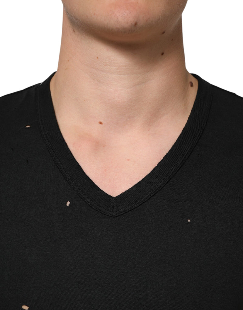 Dolce &amp; Gabbana zwart katoenen T-shirt met V-hals en versleten logo voor heren