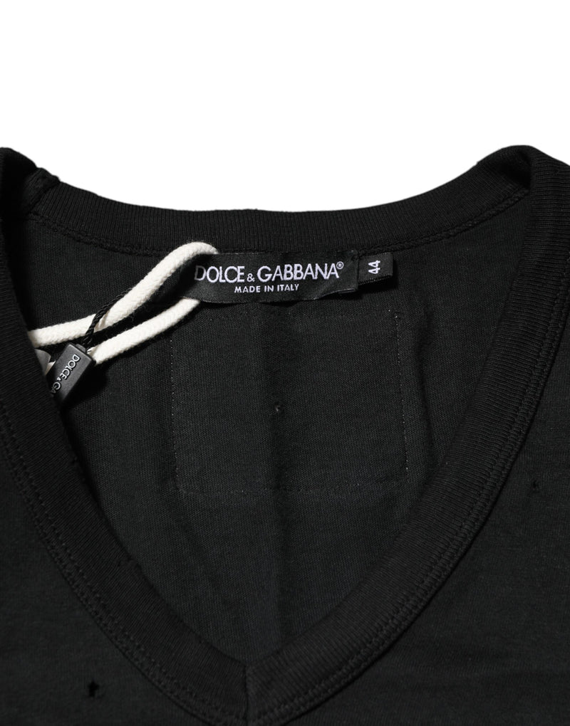 Dolce &amp; Gabbana zwart katoenen T-shirt met V-hals en versleten logo voor heren