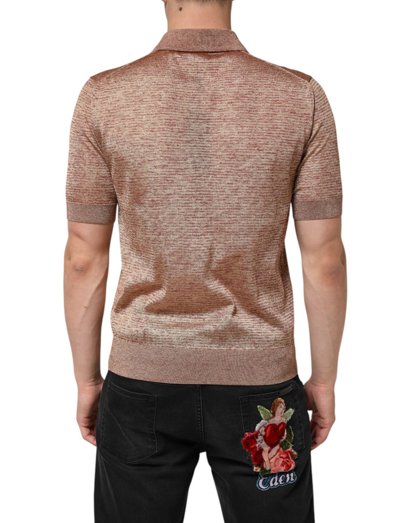 Dolce &amp; Gabbana bruin, gestructureerd, kortgezoomd polo-shirt van zijde