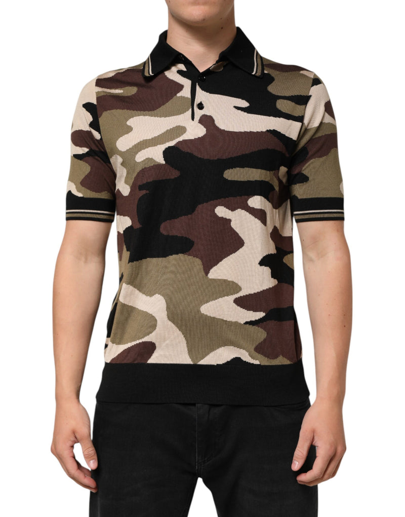 Dolce &amp; Gabbana camouflagekleurig poloshirt van bruine zijde met militair motief