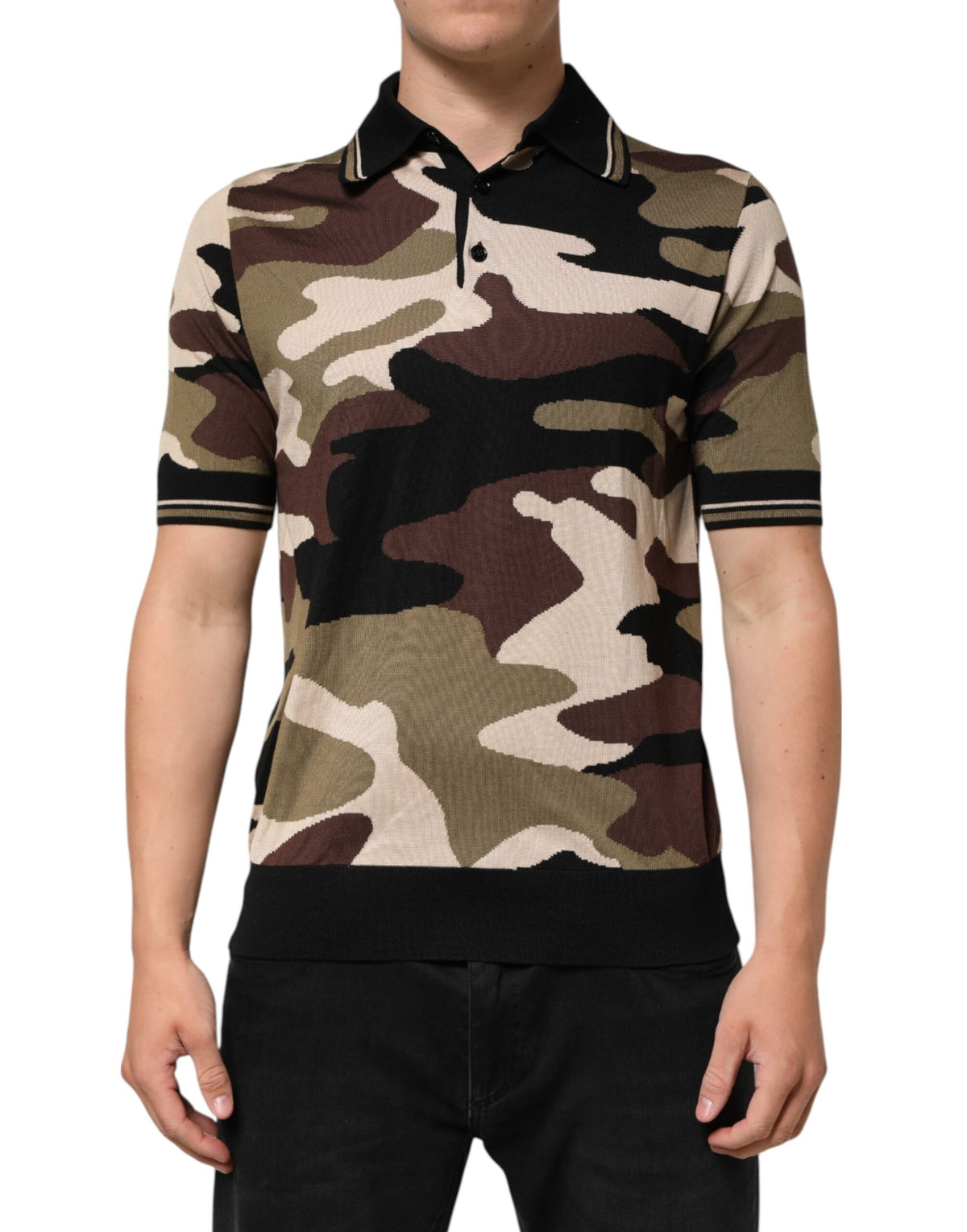 T-shirt polo militaire en soie marron camouflage Dolce &amp; Gabbana