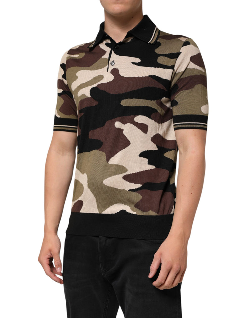 Dolce &amp; Gabbana camouflagekleurig poloshirt van bruine zijde met militair motief