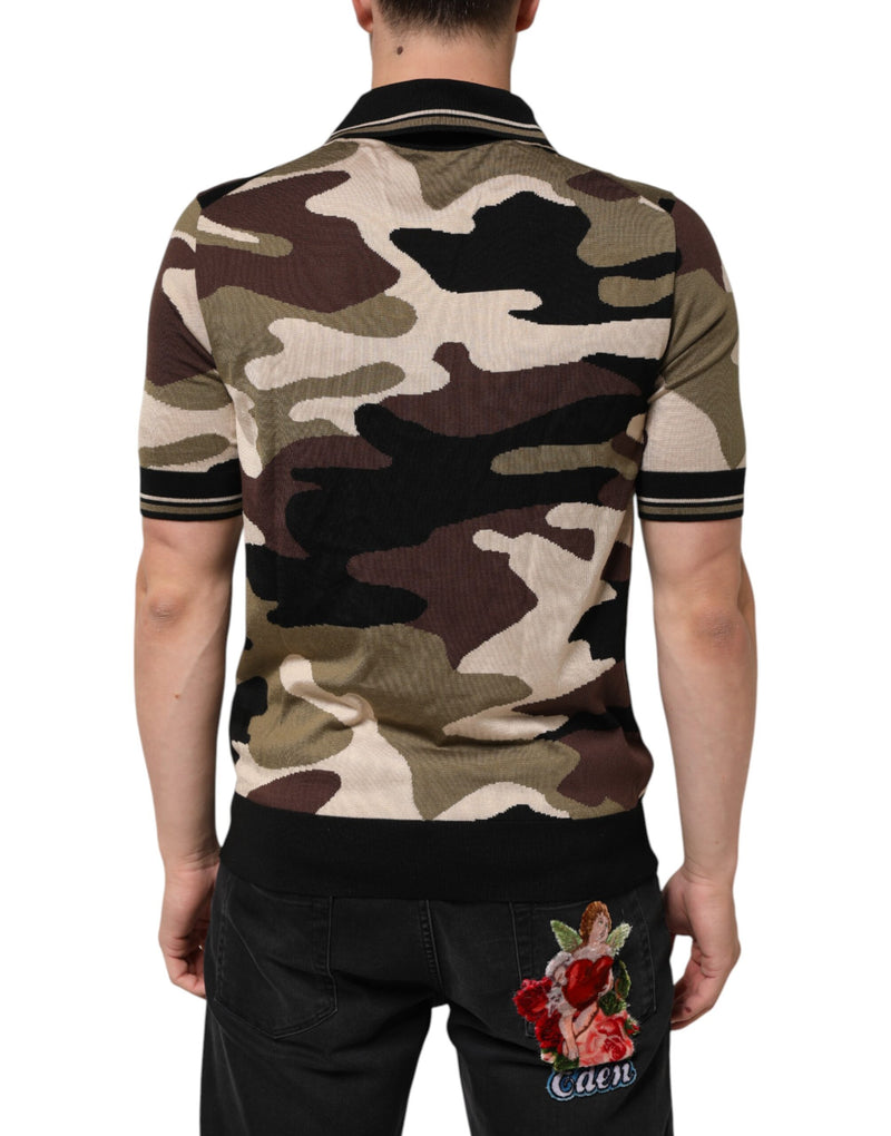 Dolce &amp; Gabbana camouflagekleurig poloshirt van bruine zijde met militair motief