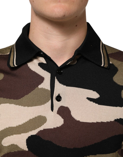 Dolce & Gabbana Camouflage Brown Silk Military Polo T-shirt