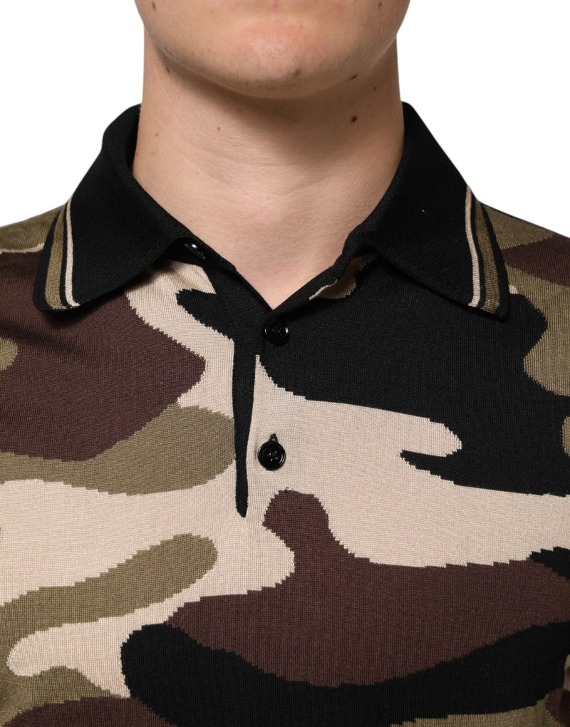 Dolce &amp; Gabbana camouflagekleurig poloshirt van bruine zijde met militair motief