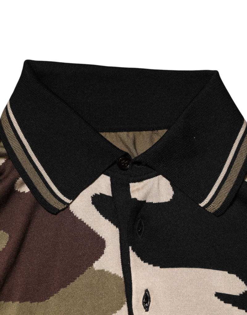 Dolce &amp; Gabbana camouflagekleurig poloshirt van bruine zijde met militair motief