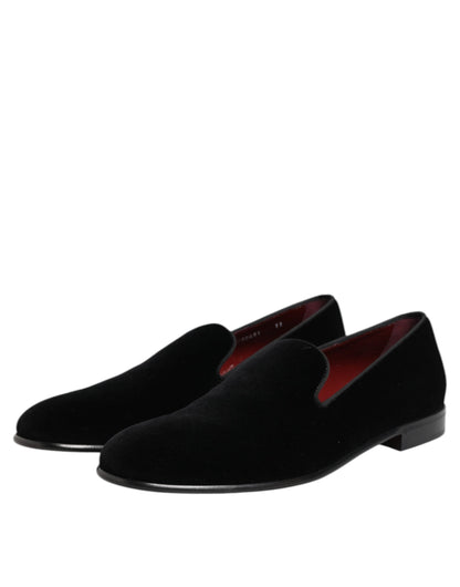 Dolce & Gabbana Black Velvet Slip On Men Loafers Formal Shoes