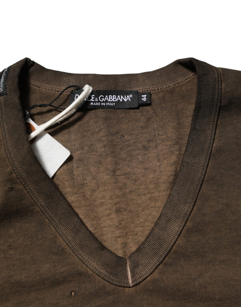 Dolce &amp; Gabbana donkerbruin katoenen T-shirt met versleten logo voor heren