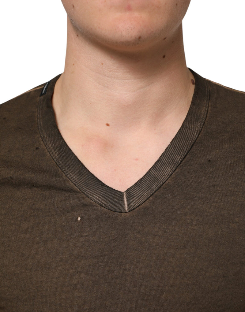 Dolce &amp; Gabbana donkerbruin katoenen T-shirt met versleten logo voor heren