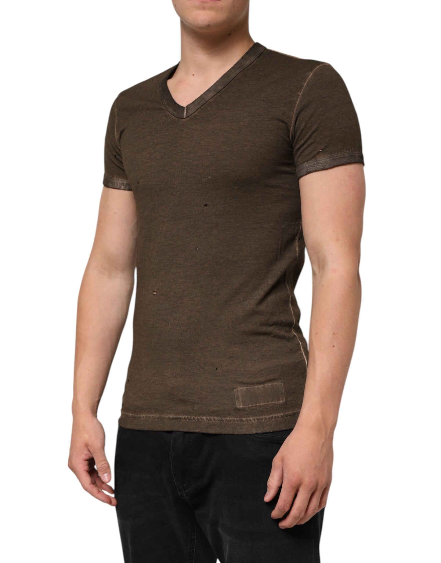 Dolce & Gabbana Dark Brown Cotton Tattered Logo Men T-shirt