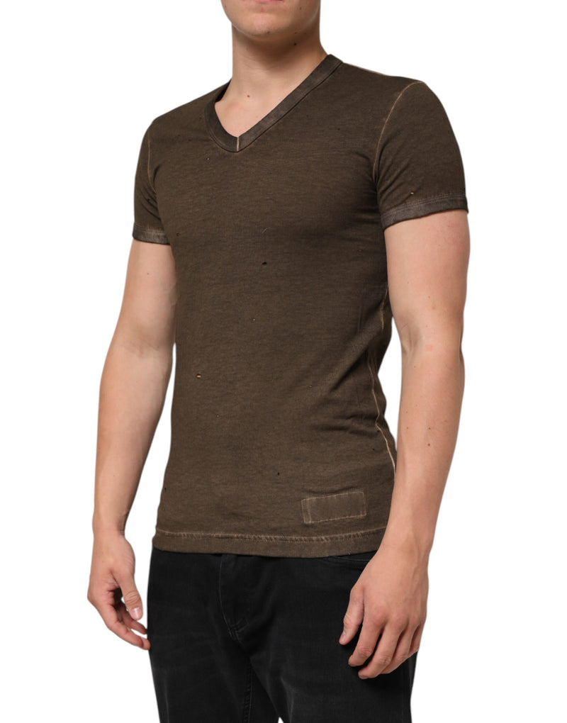 Dolce &amp; Gabbana donkerbruin katoenen T-shirt met versleten logo voor heren