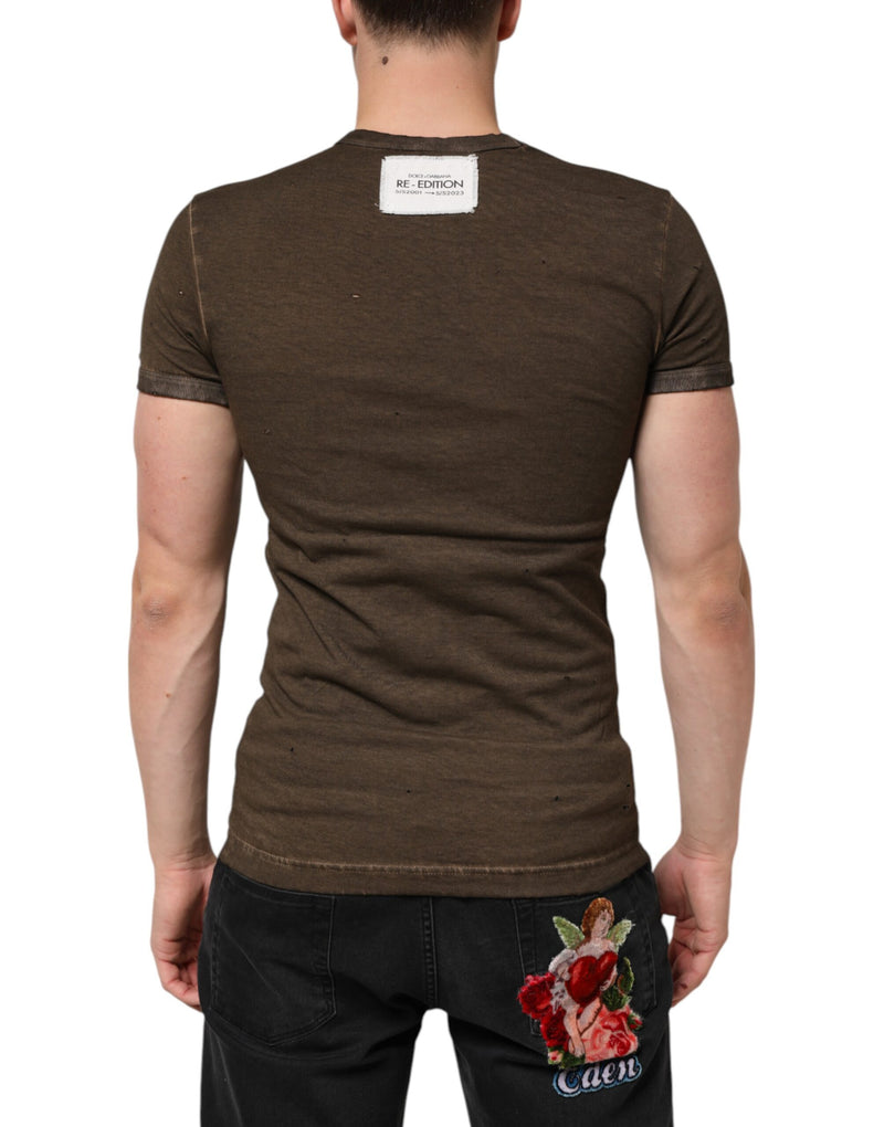 Dolce &amp; Gabbana donkerbruin katoenen T-shirt met versleten logo voor heren
