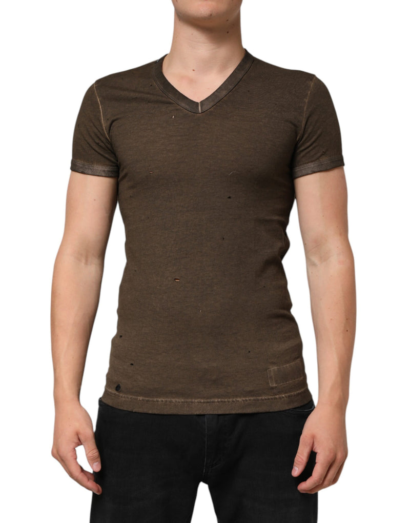 Dolce &amp; Gabbana donkerbruin katoenen T-shirt met versleten logo voor heren