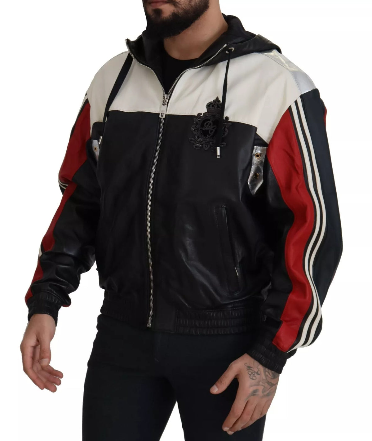Blouson en cuir noir à capuche de Dolce & Gabbana