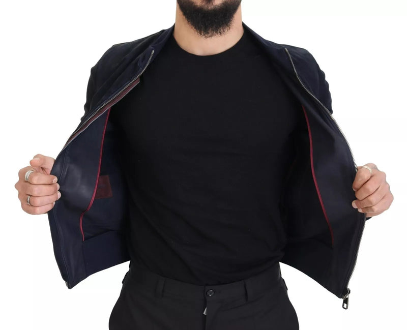 Blouson en cuir d'agneau suédé bleu foncé de Dolce & Gabbana